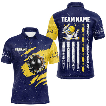 Maxcorners Blue And Yellow Grunge American Flag Bowling Shirts For Men Custom Patriotic Bowling Team Jersey
