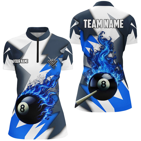 Maxcorners Personalized Blue Flaming 8 Ball Pool Jerseys Polo Shirts, Best Team League Billiard Shirts For Men And Women