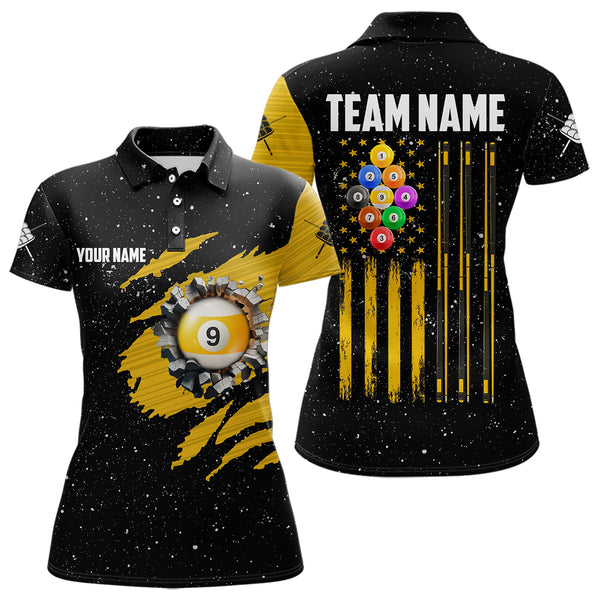 Maxcorners Yellow Black Grunge American Flag 9 Ball Pool Men Billiard Shirt Custom 9 Ball Billiard Team Jersey