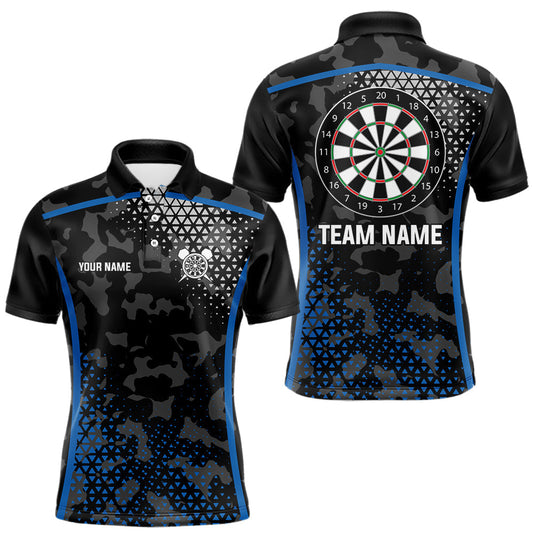 Maxcorners Black And Blue Camo Dart Shirt With Pocket Option For Men Custom Dart Jersey