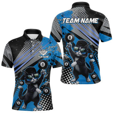 Maxcorners Custom Blue Funny Cat Billiard Shirt For Men, Personalized 8 Ball Pool Team Jersey Polo & 1/4 Zip LM2704