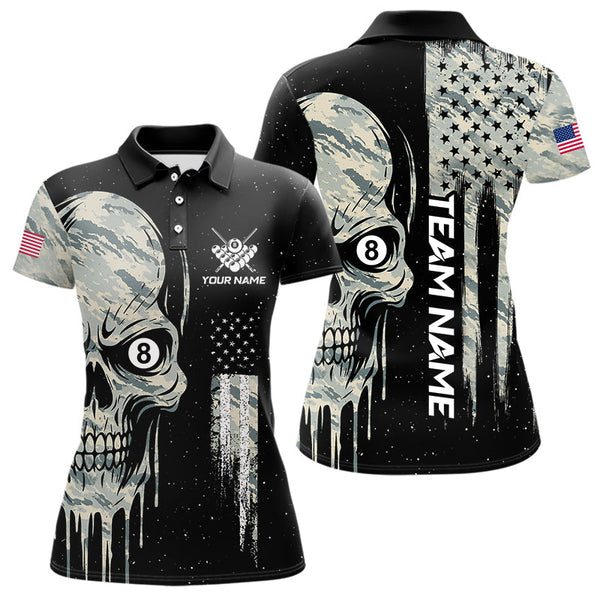 Maxcorners Grunge Camo Skull American Flag Billiard Shirt For Men Custom Patriotic 8 Ball Pool Team Jersey LM3006