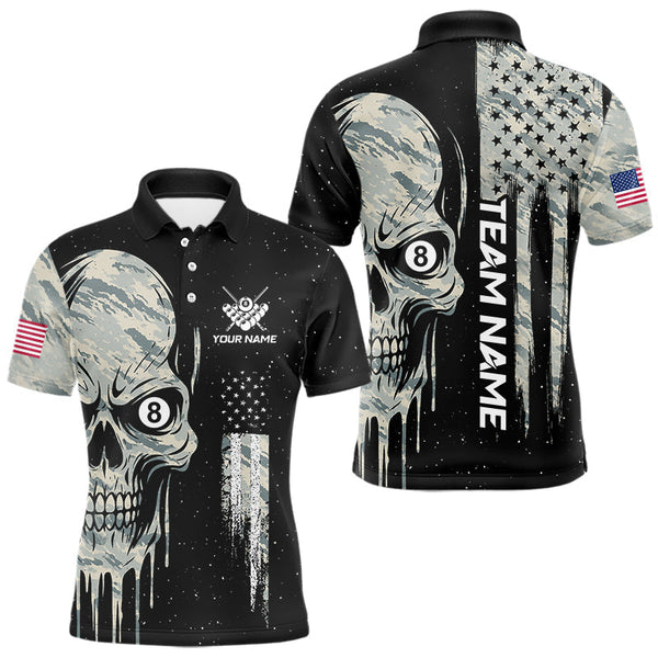 Maxcorners Grunge Camo Skull American Flag Billiard Shirt For Men Custom Patriotic 8 Ball Pool Team Jersey LM3006