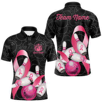 Maxcorners Pink Ribbon Men's Bowling Shirt, Custom Breast Cancer Awareness Bowling League Team Jersey