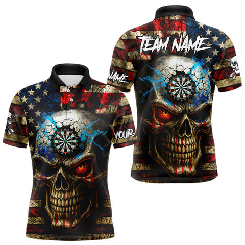 Maxcorners Personalized Vintage American Flag Skull Darts Shirt For Men, Patriotic Darts League Team Jersey LM2608
