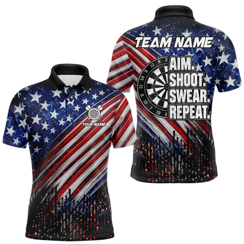 Maxcorners American Flag Aim Shoot Swear Repeat Darts Shirts For Men Custom Darts Team Jersey Polo & 1/4 Zip