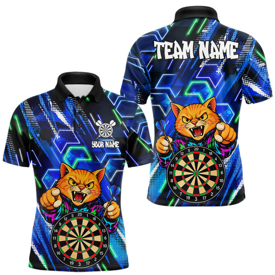 Maxcorners Blue Funny Cat Neon Darts Shirts For Men Custom Darts Team Jersey Polo & 1/4 Zip, Darts Gifts