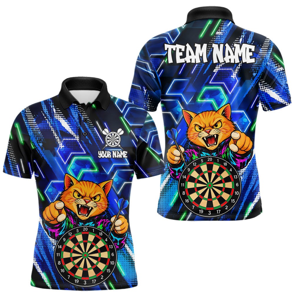 Maxcorners Blue Funny Cat Neon Darts Shirts For Men Custom Darts Team Jersey Polo & 1/4 Zip, Darts Gifts