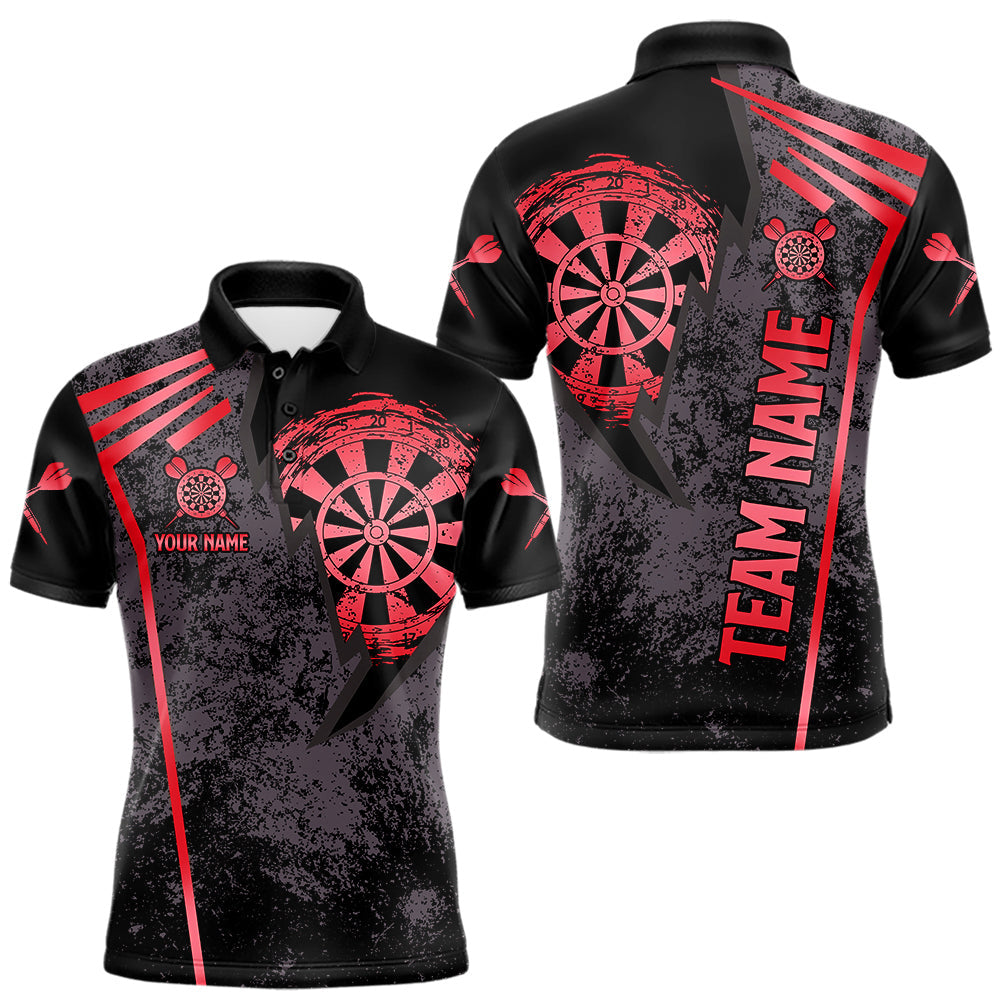 Maxcorners Personalized Red Grunge Dartboard Darts Polo, Quarter Zip Shirt For Men Custom Darts Team Jersey