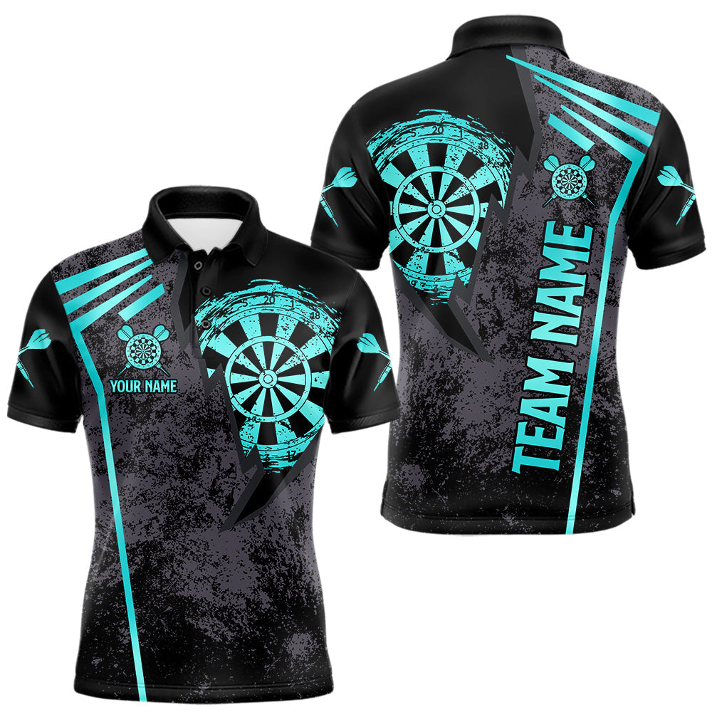 Maxcorners Personalized Teal Grunge Dartboard Darts Polo, Quarter Zip Shirt For Men Custom Darts Team Jersey