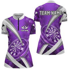 Maxcorners Personalized Purple Jersey Dartboard 3D Women Darts Polo & Quarter Zip Custom Team League Dart Shirts