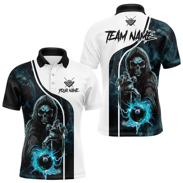 Maxcorners Blue Cyan Death Skeleton 3D Billiard Shirts For Men Custom Lightning 8 Ball Pool Billiard Jerseys