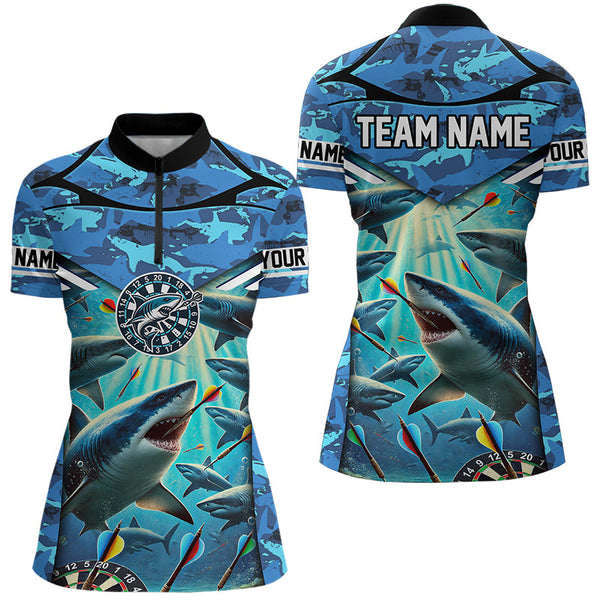 Maxcorners Blue 3D Shark Custom Ocean Camo Darts Shirts For Men Custom Polo & Quarter Zip Shark Dart Jerseys