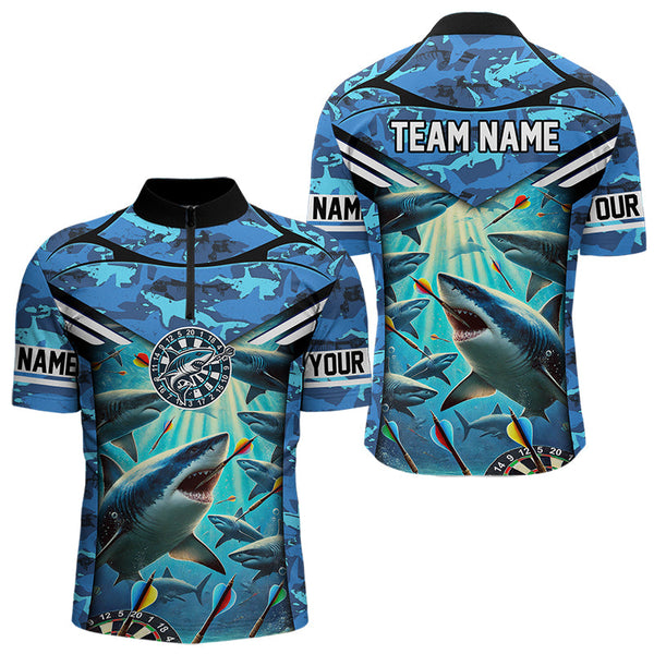 Maxcorners Blue 3D Shark Custom Ocean Camo Darts Shirts For Men Custom Polo & Quarter Zip Shark Dart Jerseys