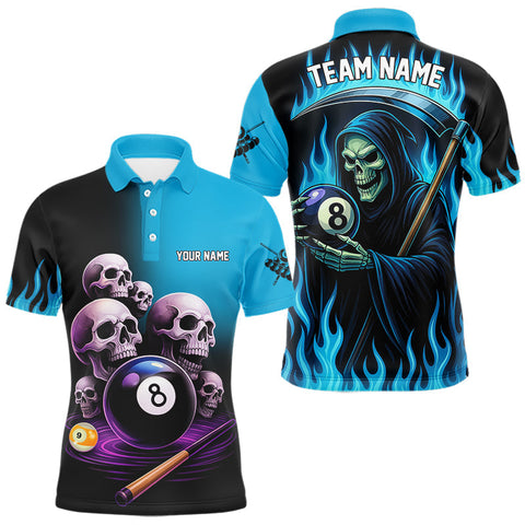 Maxcorners Custom Blue Flaming Grim Reaper 8 Ball Pool Billiard Shirt For Men, Funny Skull Pool Team Jersey TU0107