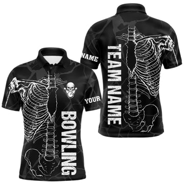 Maxcorners Black And White Funny Skeleton Bowling Shirts For Men Custom Skull Bowling League Team Jersey LM0409