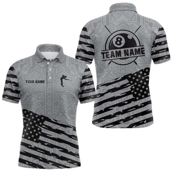 Maxcorners Personalized Grey US Flag 8 Ball Billiard Shirt For Men Custom Billiard Team Shirt, Pool Jerseys TU3009