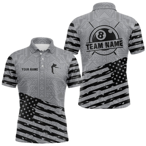 Maxcorners Personalized Grey US Flag 8 Ball Billiard Shirt For Men Custom Billiard Team Shirt, Pool Jerseys TU3009