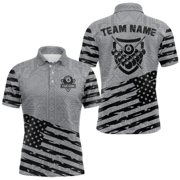 Maxcorners Personalized Grey US Flag 8 Ball Billiard Shirt For Men Custom Patriotic Billiard Pool Jerseys TU3009
