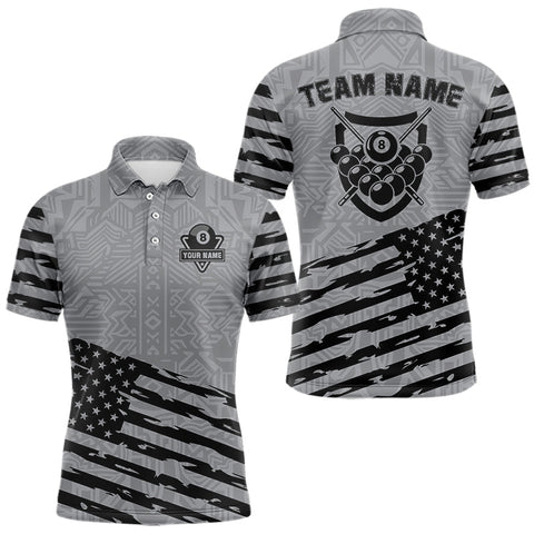 Maxcorners Personalized Grey US Flag 8 Ball Billiard Shirt For Men Custom Patriotic Billiard Pool Jerseys TU3009