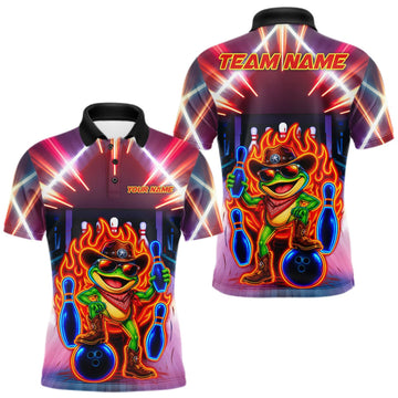 Maxcorners Funny Neon Flame Cowboy Frog Bowling Shirts For Men Custom Bowling League Bowling Team Jersey LM2709