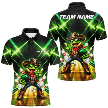 Maxcorners Green Funny Neon Cowboy Frog Bowling Shirts For Men Custom Bowling League Bowling Team Jersey LM2709