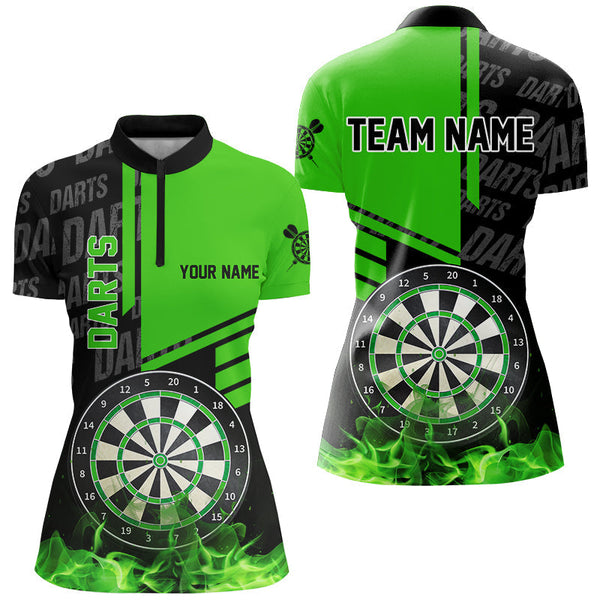 Maxcorners Black And Green Fire Darts Shirts For Women Custom Darts League Team Jerseys Darts Polo & 1/4 Zip