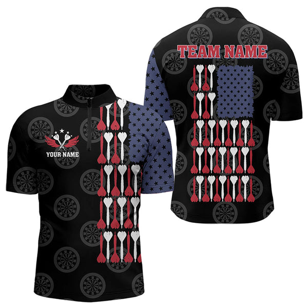 Maxcorners American Flag Black Darts Polo & Quarter Zip Shirt Custom Men Dart Shirts Patriotic Dart Jerseys