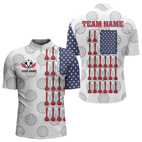 Maxcorners American Flag White Darts Polo & Quarter Zip Shirt Custom Men Dart Shirts Patriotic Dart Jerseys