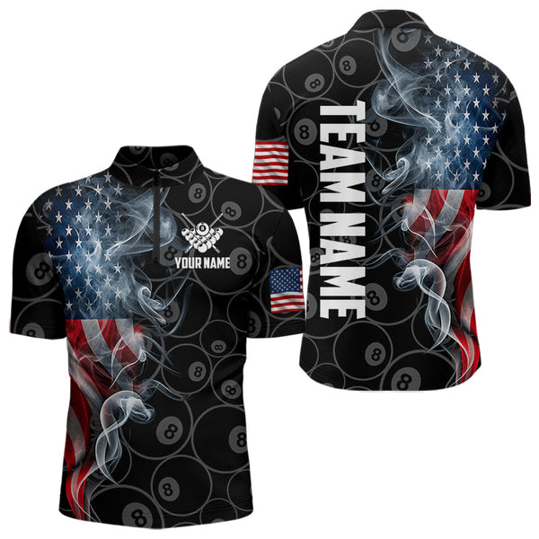 Maxcorners Personalized Smoke Us Flag 8 Ball Pool Billiard Polo, 1/4 Zip For Men & Women Team American Billiard Jersey