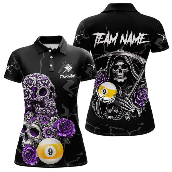 Maxcorners Personalized Purple Funny Skull Roses 9 Ball Billiard Shirt For Men Custom Pool Team Shirt Design LM2707