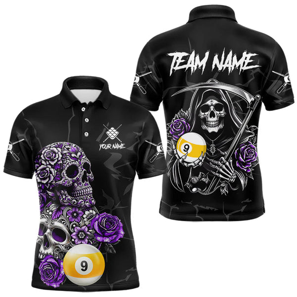 Maxcorners Personalized Purple Funny Skull Roses 9 Ball Billiard Shirt For Men Custom Pool Team Shirt Design LM2707