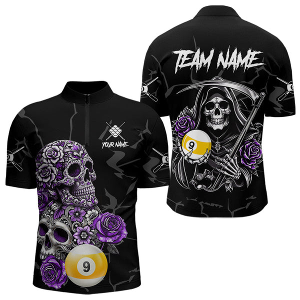 Maxcorners Personalized Purple Funny Skull Roses 9 Ball Billiard Shirt For Men Custom Pool Team Shirt Design LM2707