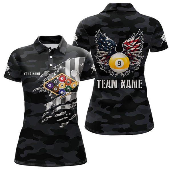 Maxcorners Personalized Camouflage US Flag Billiard Shirt For Men, Funny Patriotic 9 Ball Wings Pool Jersey LM2707