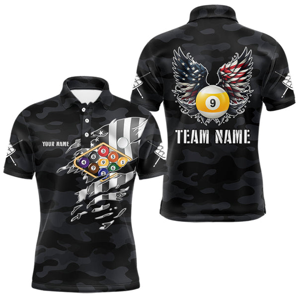 Maxcorners Personalized Camouflage US Flag Billiard Shirt For Men, Funny Patriotic 9 Ball Wings Pool Jersey LM2707