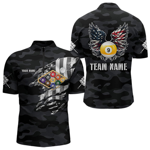 Maxcorners Personalized Camouflage US Flag Billiard Shirt For Men, Funny Patriotic 9 Ball Wings Pool Jersey LM2707