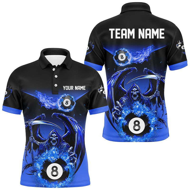 Maxcorners Blue Death Skeleton Flame 8 Ball Pool Billiard Shirts Custom Billiard League Team Jerseys