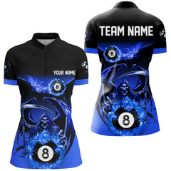 Maxcorners Blue Death Skeleton Flame 8 Ball Pool Billiard Shirts Custom Billiard League Team Jerseys
