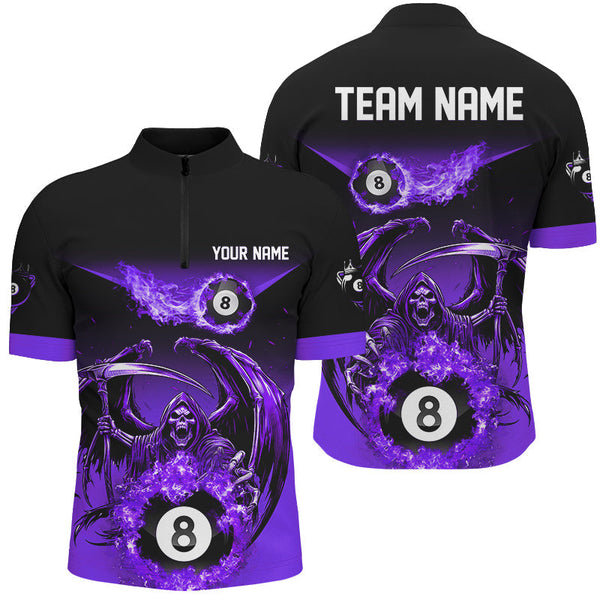 Maxcorners Purrple Death Skeleton Flame 8 Ball Pool Billiard Shirts Custom Billiard League Team Jerseys