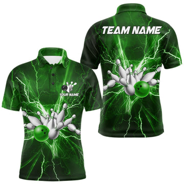 Maxcorners Custom Green Lightning Thunder Bowling Shirts For Men, Bowling Team Jersey, Gifts For Bowler LM0410