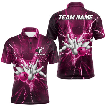 Maxcorners Custom Pink Lightning Thunder Bowling Shirts For Men, Bowling Team Jersey, Gifts For Bowler LM0410
