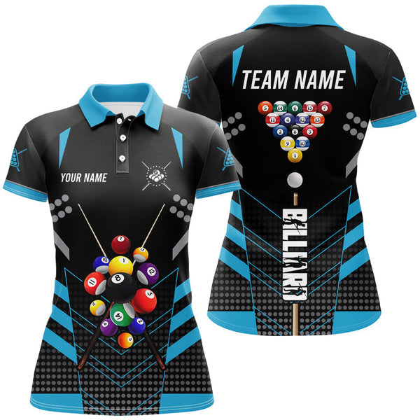 Maxcorners Black And Blue Billiard Jerseys Halftone Pattern Custom Women Billiard Shirts, Billiard Team Uniform