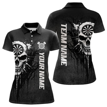 Maxcorners Personalized Black White Dark Skull Darts Polo & Quarter Zip Custom Dart Shirts For Women Dart Jersey