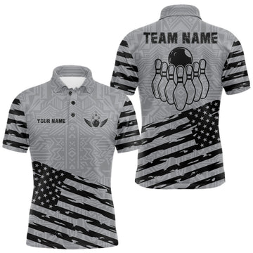Maxcorners Personalized American Flag Grey Bowling Shirt For Men Custom Bowling Team Jersey Polo & Quarter Zip LM0106