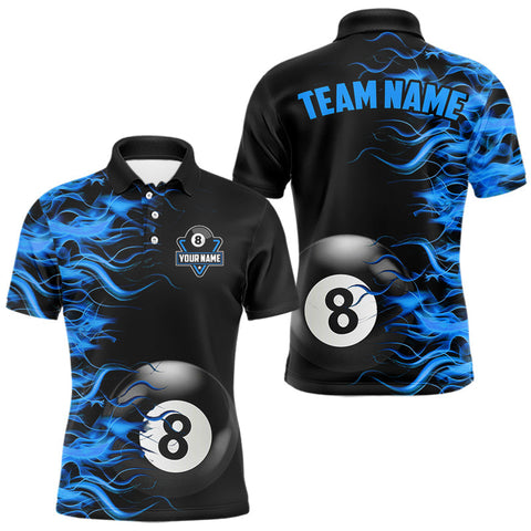 Maxcorners Personalized Blue Flaming 8 Ball Billiard Shirt For Men Custom Pool Team Jersey Polo & 1/4 Zip MT2808