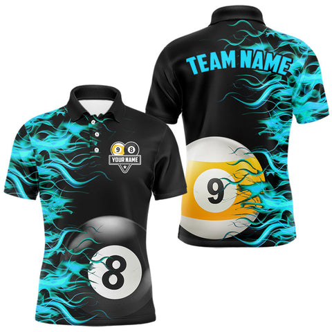 Maxcorners Turquoise Flaming 8 Ball & 9 Ball Billiard Shirt For Men Custom Pool Team Jersey Polo & 1/4 Zip MT2808