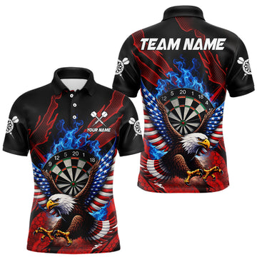 Maxcorners Blue Flaming Dartboard Shirt For Men Custom American Flag Eagle Darts Team Jersey Polo &1/4 Zip LM1904