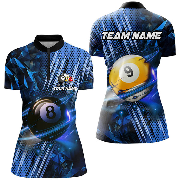 MaxCorners Billiard 8 Ball & 9 Ball Glowing Blue Customized Name, Team Name 3D Polo Shirt For Women