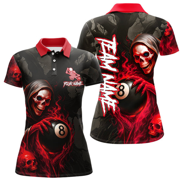 Maxcorners Grim Reaper Custom Flame 8 Ball Pool Billiard Shirt For Men, Black And Red Billiard Team Jerseys LM0706