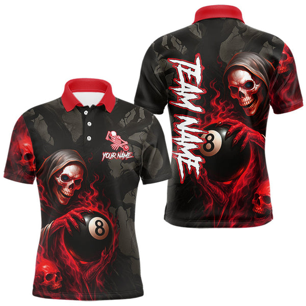 Maxcorners Grim Reaper Custom Flame 8 Ball Pool Billiard Shirt For Men, Black And Red Billiard Team Jerseys LM0706